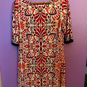 Eliza J easy care comfortable dress. Size 10. Pink, orange and navy pattern.